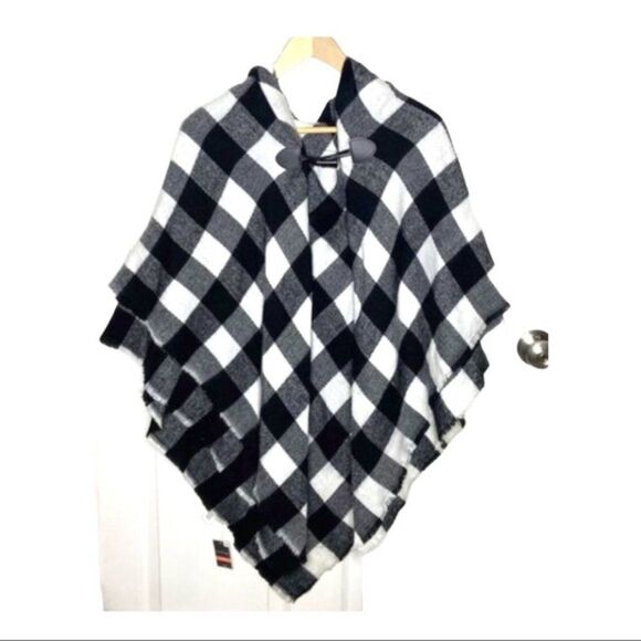 Check Plaid Shawl Poncho Black White New Hooded - Picture 1 of 11